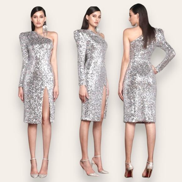 NWT Bronx and Banco Galaxy Silver Midi Dress One Shoulder Small (4 US) Women’s - Picture 1 of 11